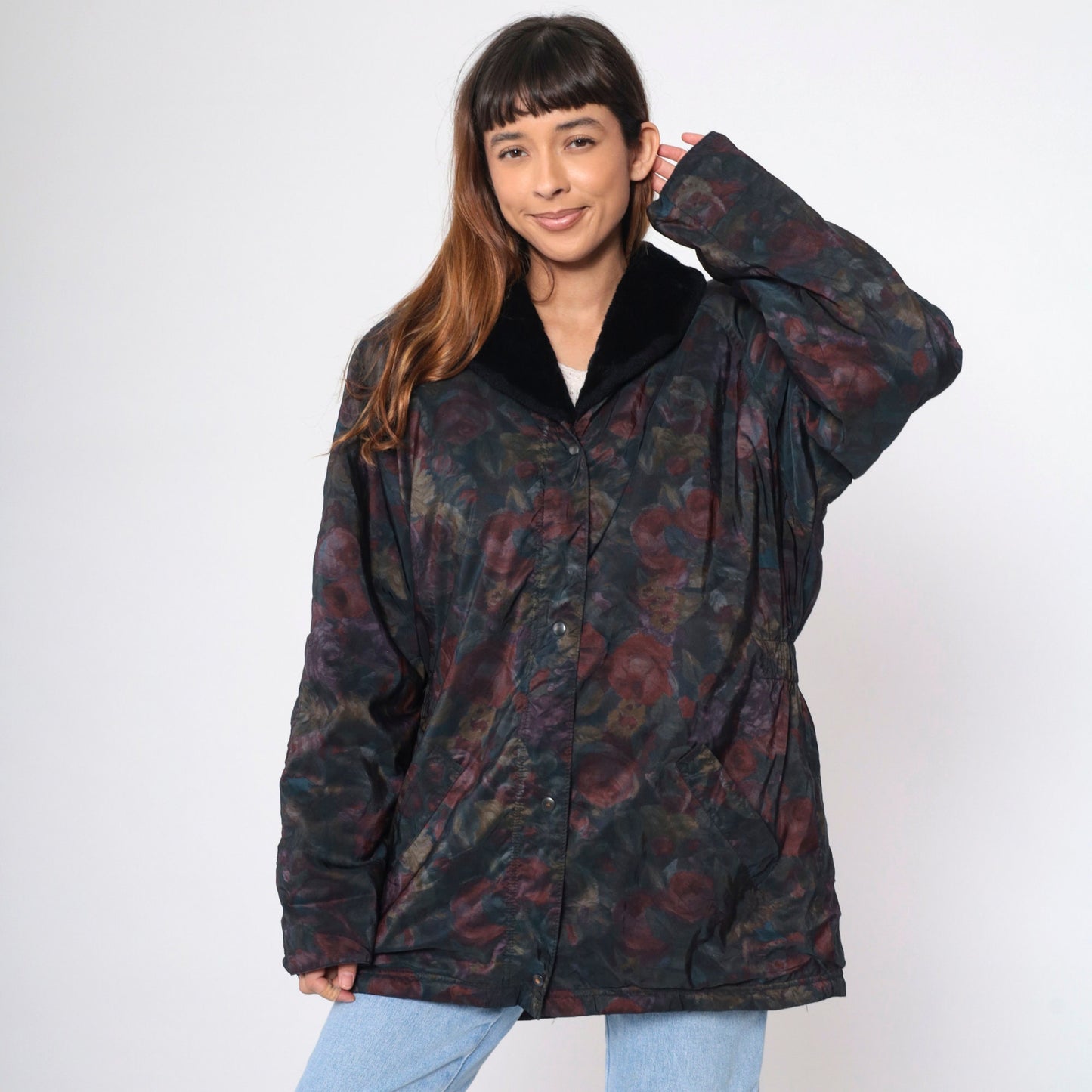 90s Aeros Puffer Jacket Floral Print Faux Fur Collar Windbreaker Large L