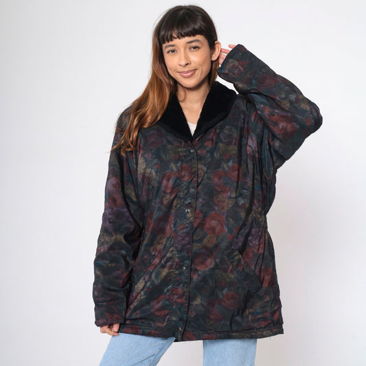 90s Aeros Puffer Jacket Floral Print Faux Fur Collar Windbreaker Large L