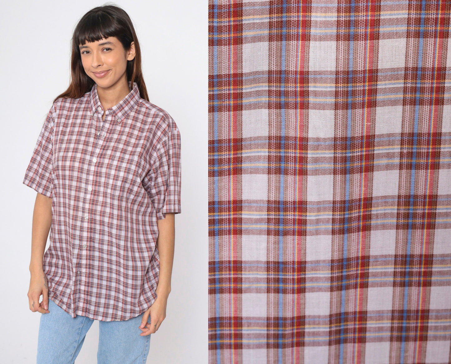 80s Grand Banks Plaid Button-Up Shirt Red White Brown Tartan Short Sleeve Large