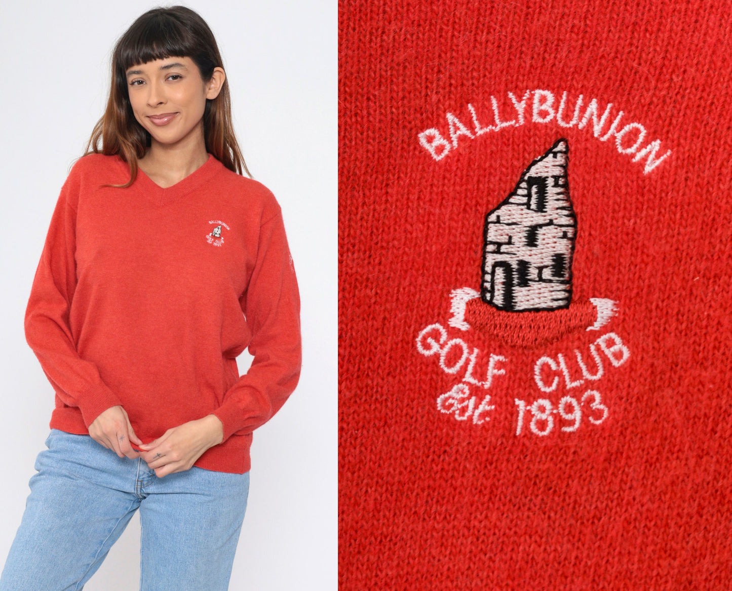 90s Ballybunion Golf Club Merino Wool Angora V-Neck Sweater Red Medium M