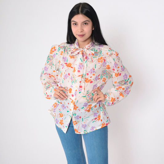 70s Floral Ascot Blouse Off-White Watercolor Print Puff Sleeve Button Up Medium Large