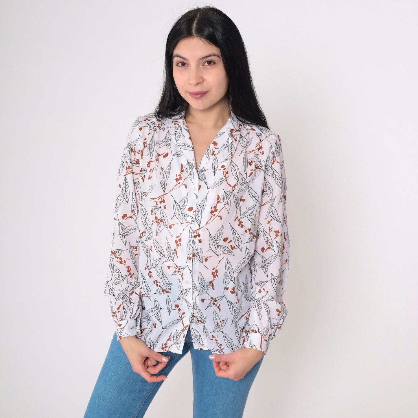 80s Tanjay Leaf Floral Print Button-Up Blouse White Long Sleeve Medium