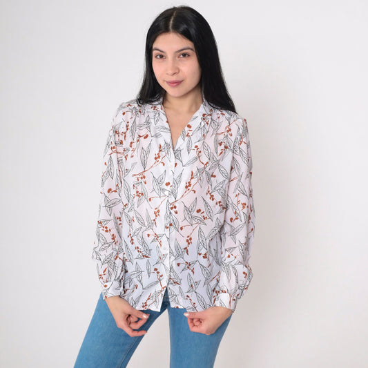 80s Tanjay Leaf Floral Print Button-Up Blouse White Long Sleeve Medium