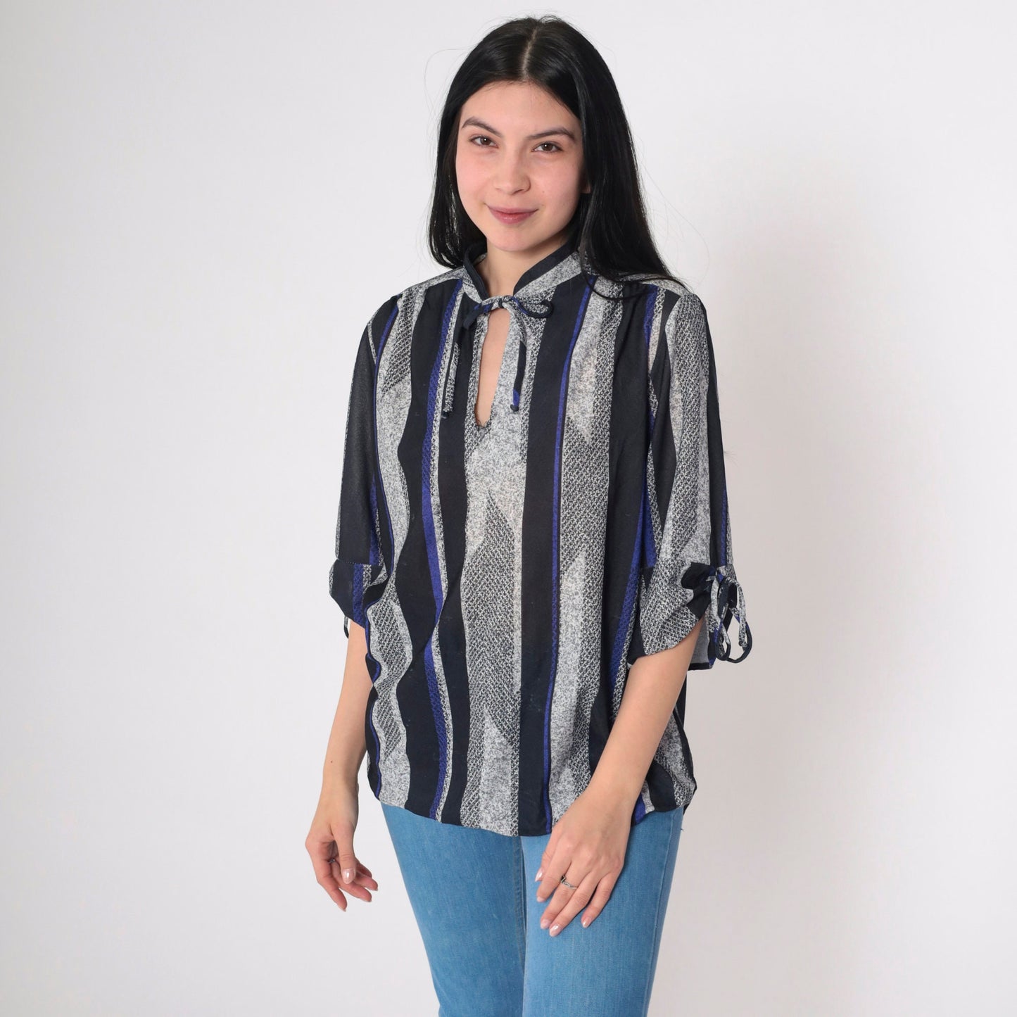 70s Striped Keyhole Blouse Tie Neck 3/4 Sleeve Black Blue Grey Extra Large