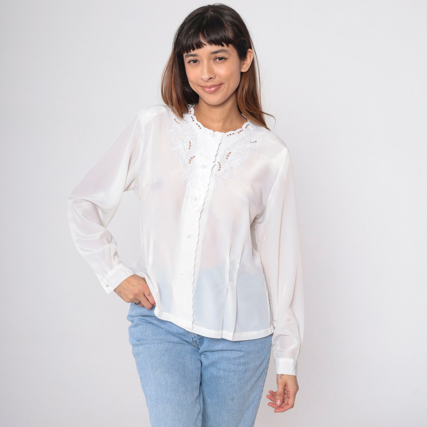 90s White Cutwork Blouse Embroidered Leaf Button Up Long Sleeve Medium