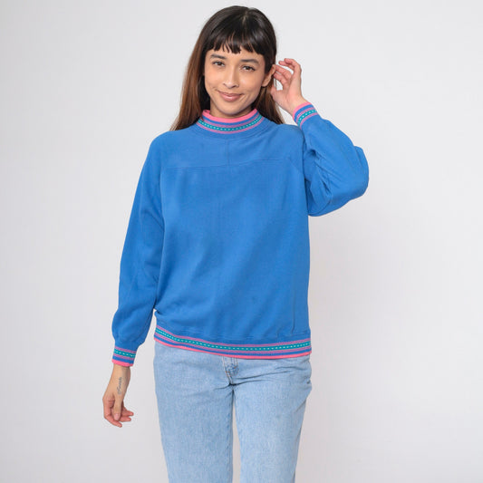 90s Blue Mock Neck Sweatshirt Pink Ringer Trim Small
