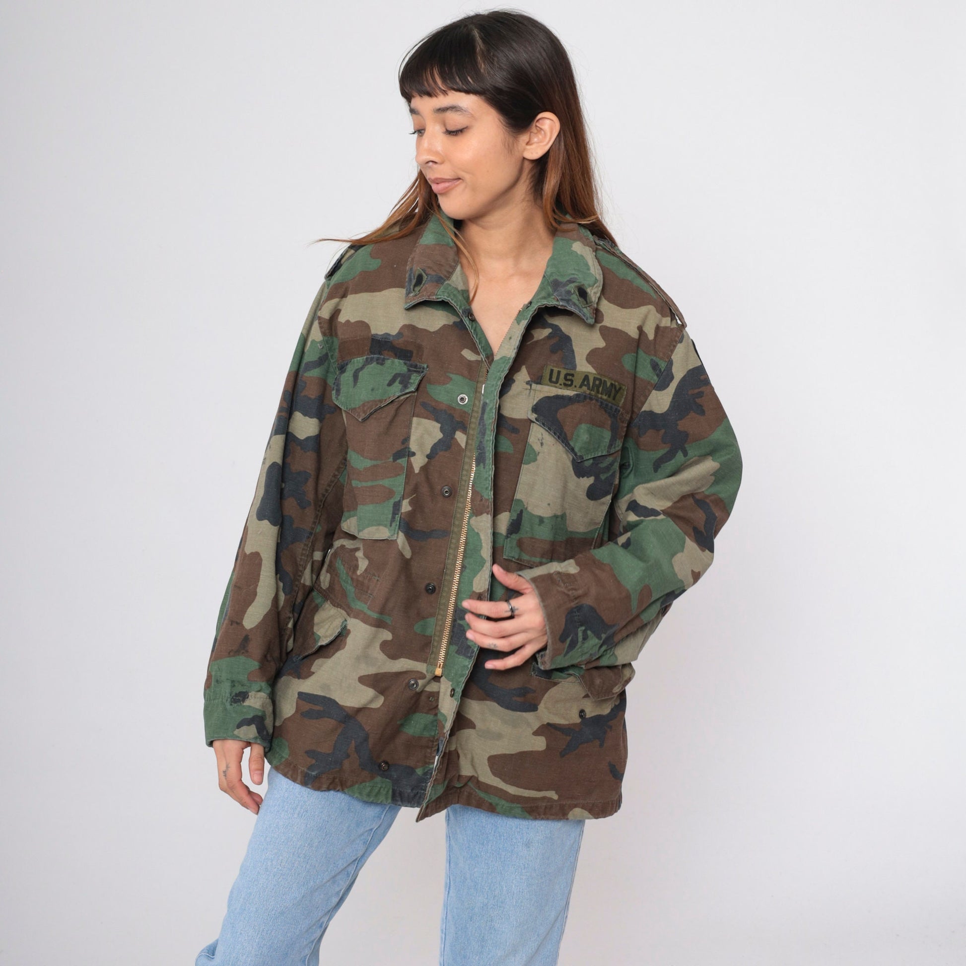 90s US Army Camouflage Field Jacket Distressed Utility Medium Short