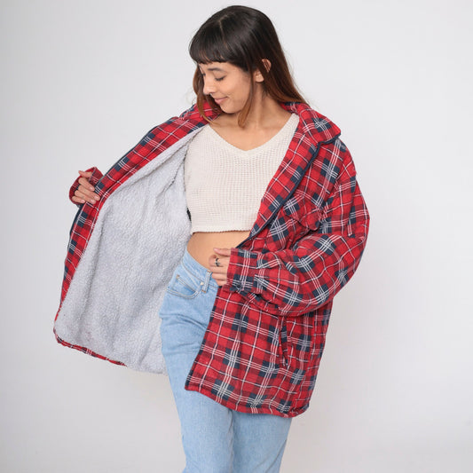 90s Red Plaid Zip Jacket Sherpa Lined Flannel Shacket Extra Large XL