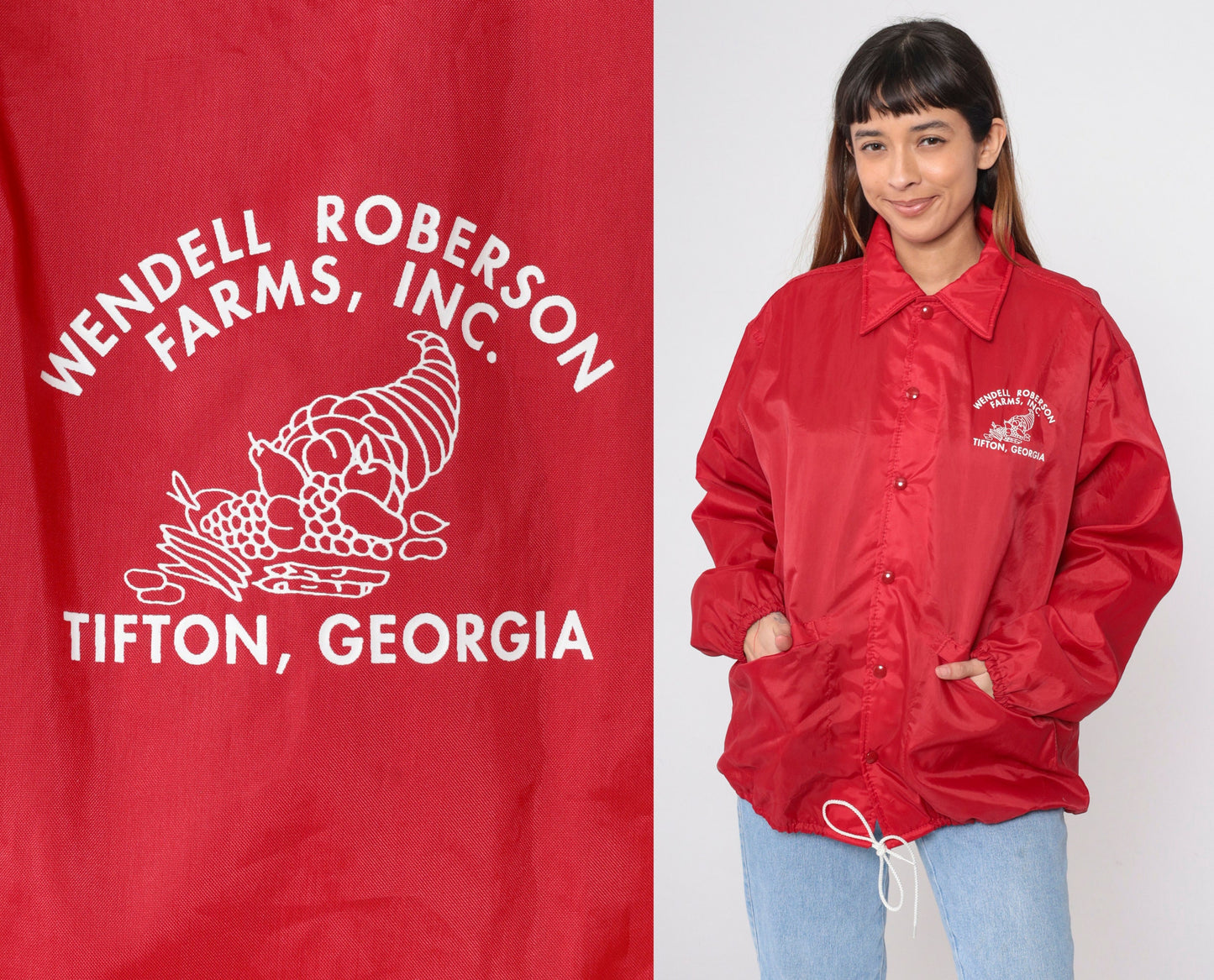 80s Wendell Roberson Farms Tifton Georgia Snap Windbreaker Jacket Red Large L