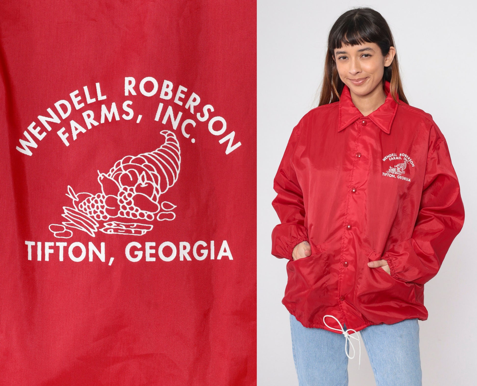80s Wendell Roberson Farms Tifton Georgia Snap Windbreaker Jacket Red Large L