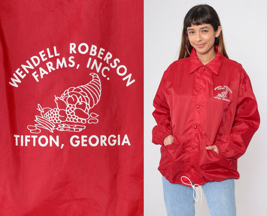 80s Wendell Roberson Farms Tifton Georgia Snap Windbreaker Jacket Red Large L