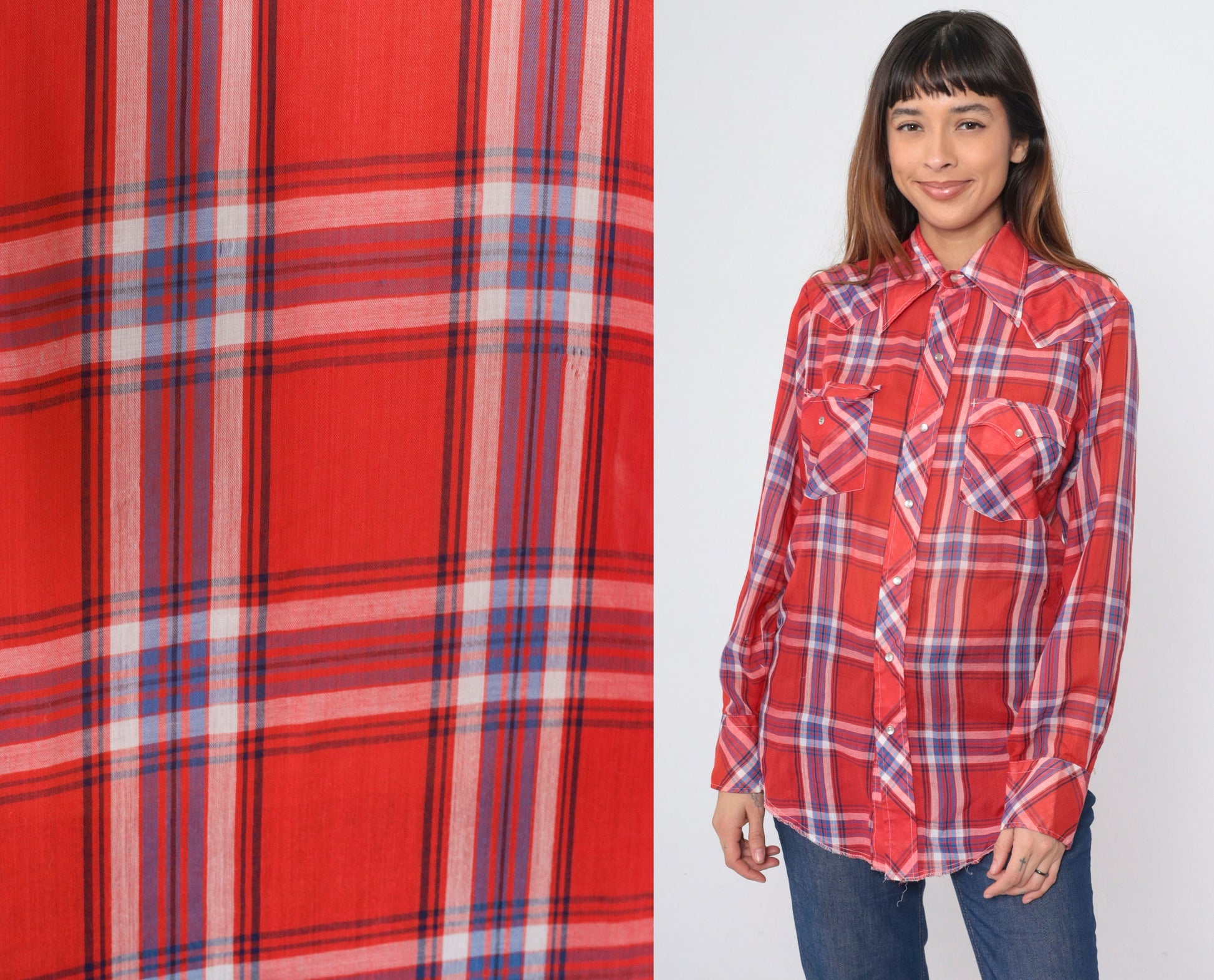 70s Red Plaid Western Shirt Pearl Snap Button Up Long Sleeve Medium