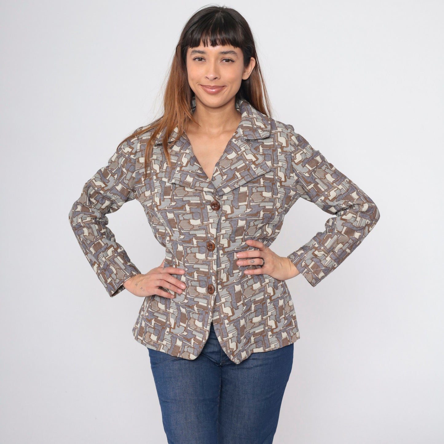 70s Geometric Tessellation Blazer Notched Collar Brown Grey White Medium
