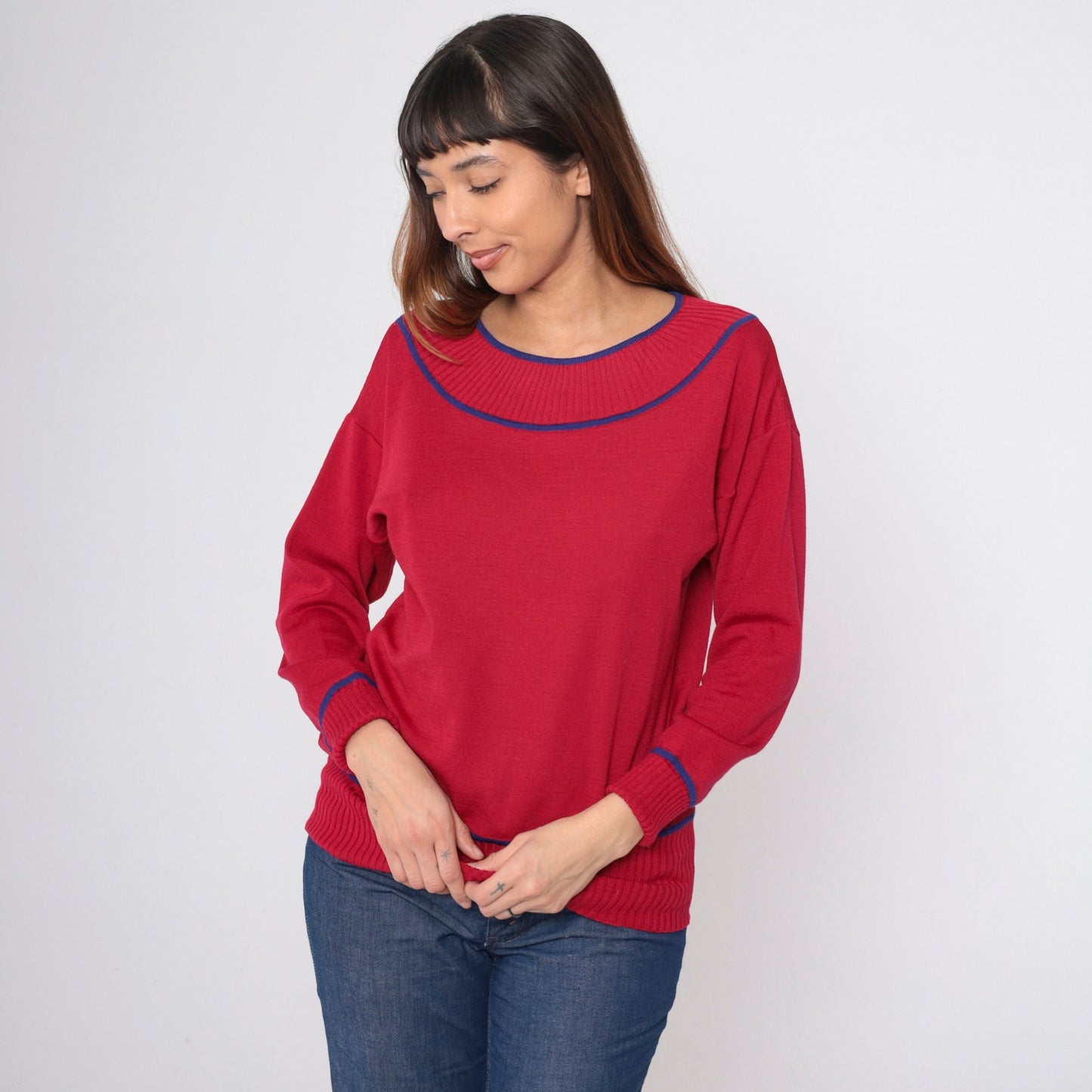 70s Goldworm Cherry Red Wool Sweater Blue Ringer Neck Pullover Small