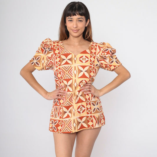 70s Geometric Puff Sleeve Blouse Burnt Orange Yellow Sweetheart Neckline Small