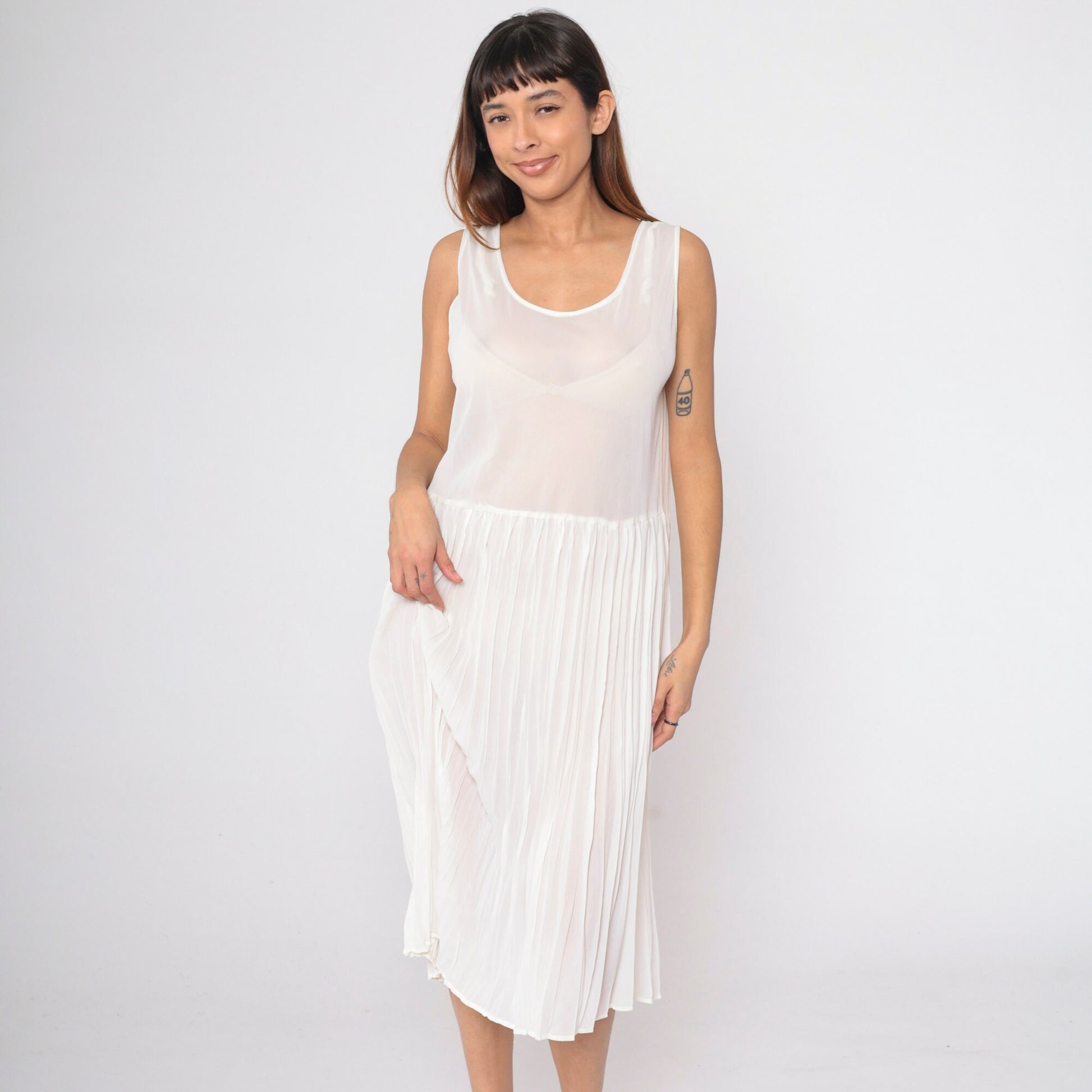 80s Sheer White Pleated Midi Dress Drop Waist Sleeveless Scoop Neck Large 12