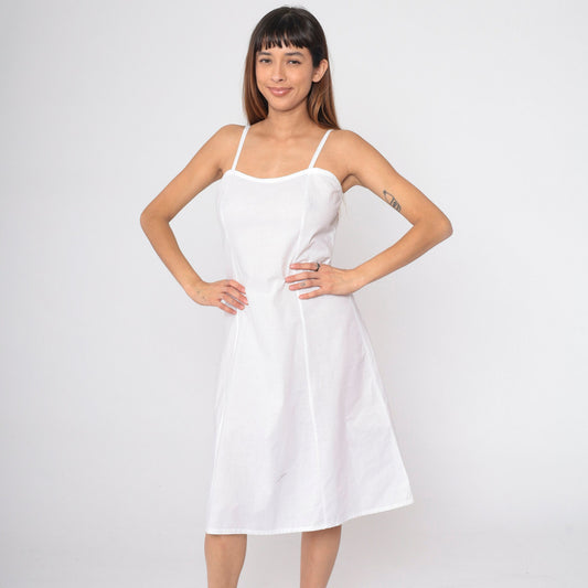 80s White Spaghetti Strap Midi Sundress Princess Seam Small
