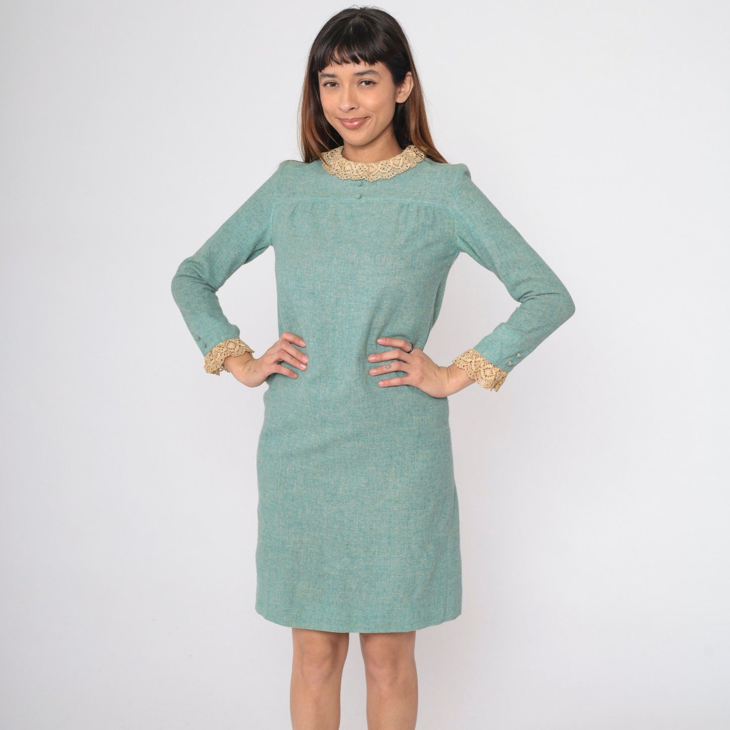 60s Mod Shift Dress Seafoam Wool Blend Lace Collar Long Sleeve Small