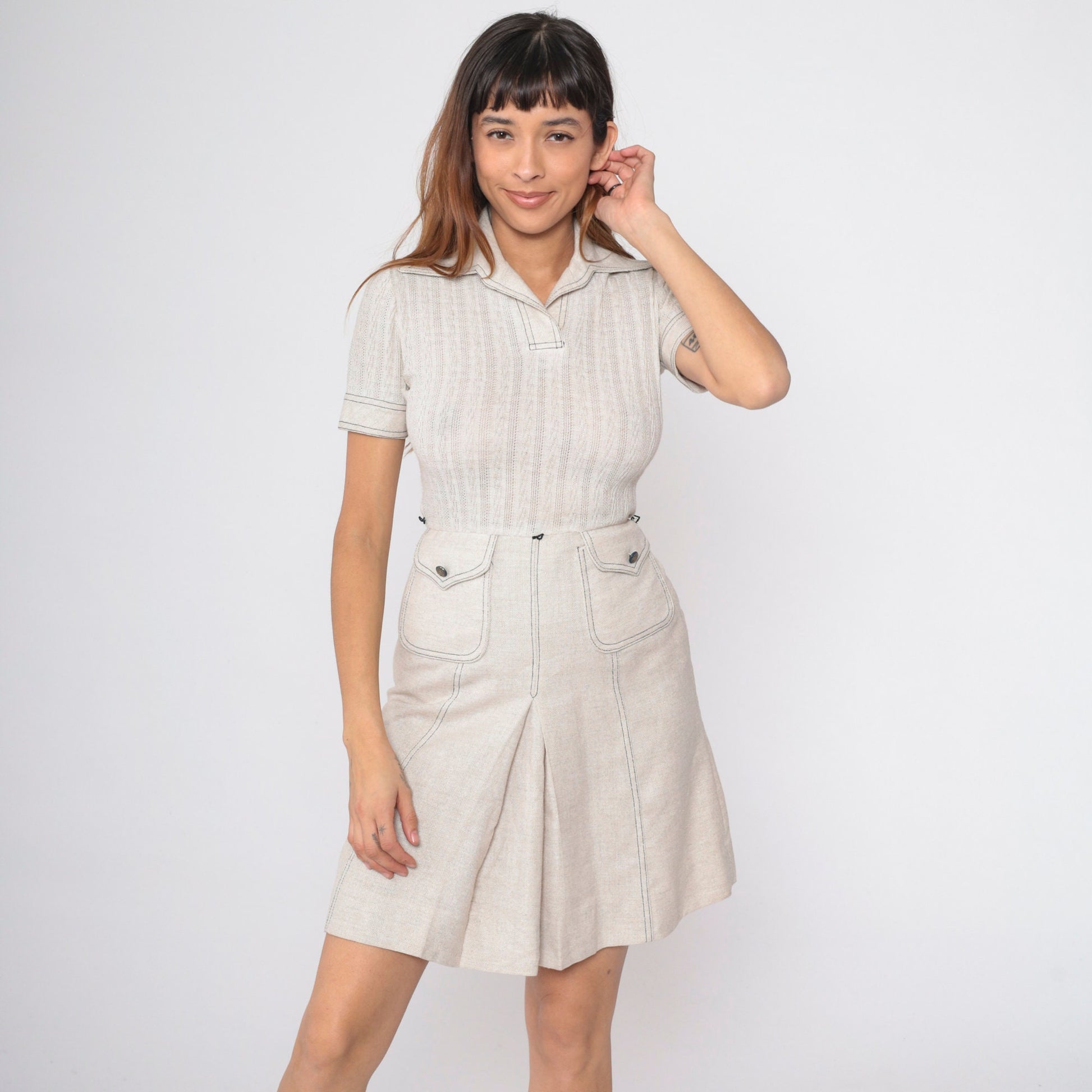 70s Peck & Peak Mini Dress Light Beige Cable Knit High Waist Small