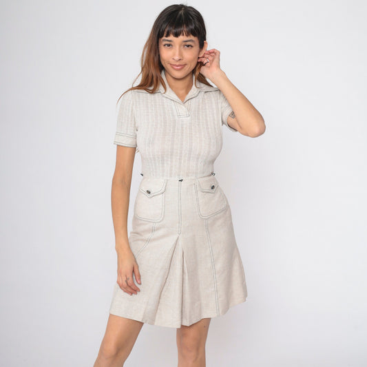 70s Peck & Peak Mini Dress Light Beige Cable Knit High Waist Small