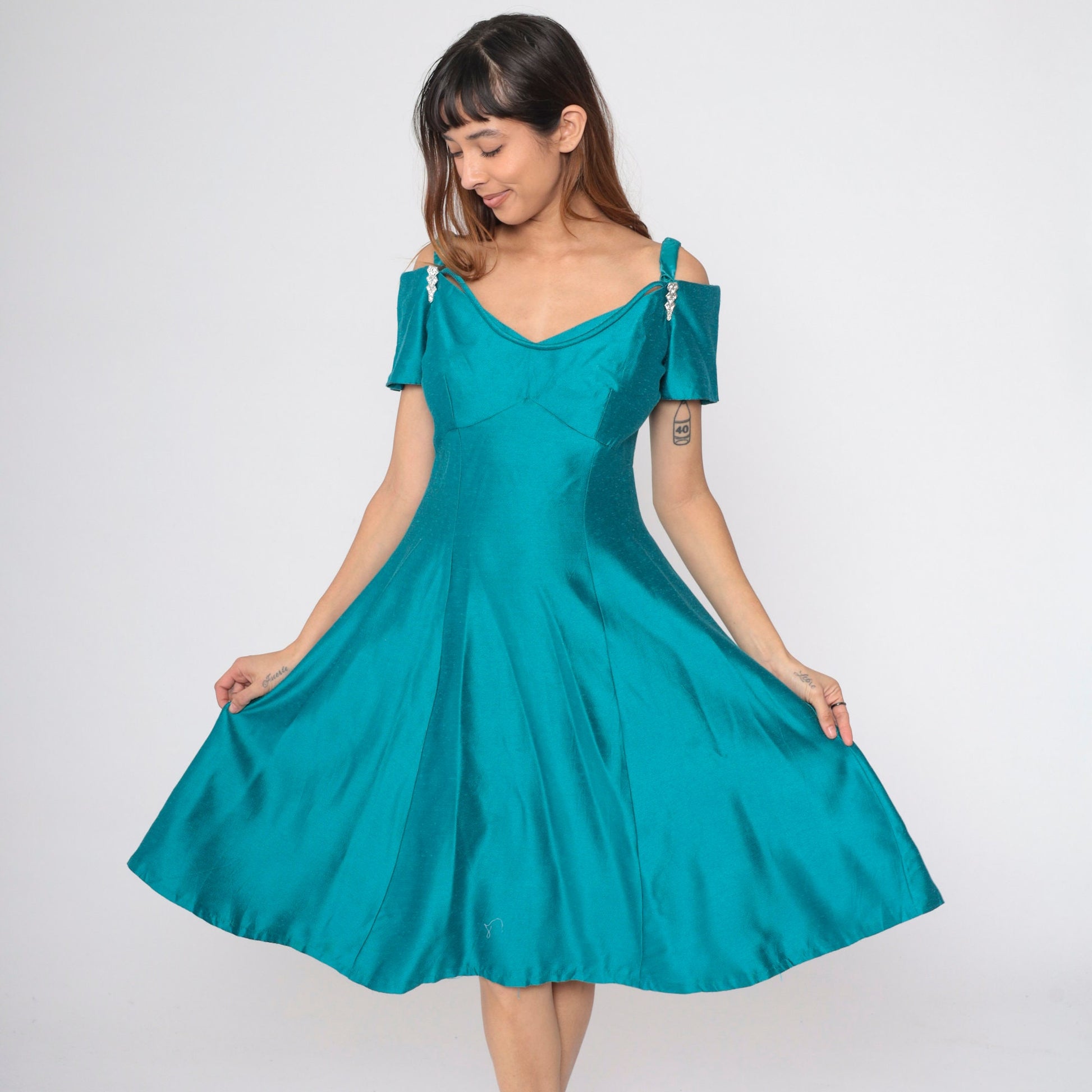 80s Teal Off-Shoulder Midi Dress Rhinestone A-Line Empire Waist Small