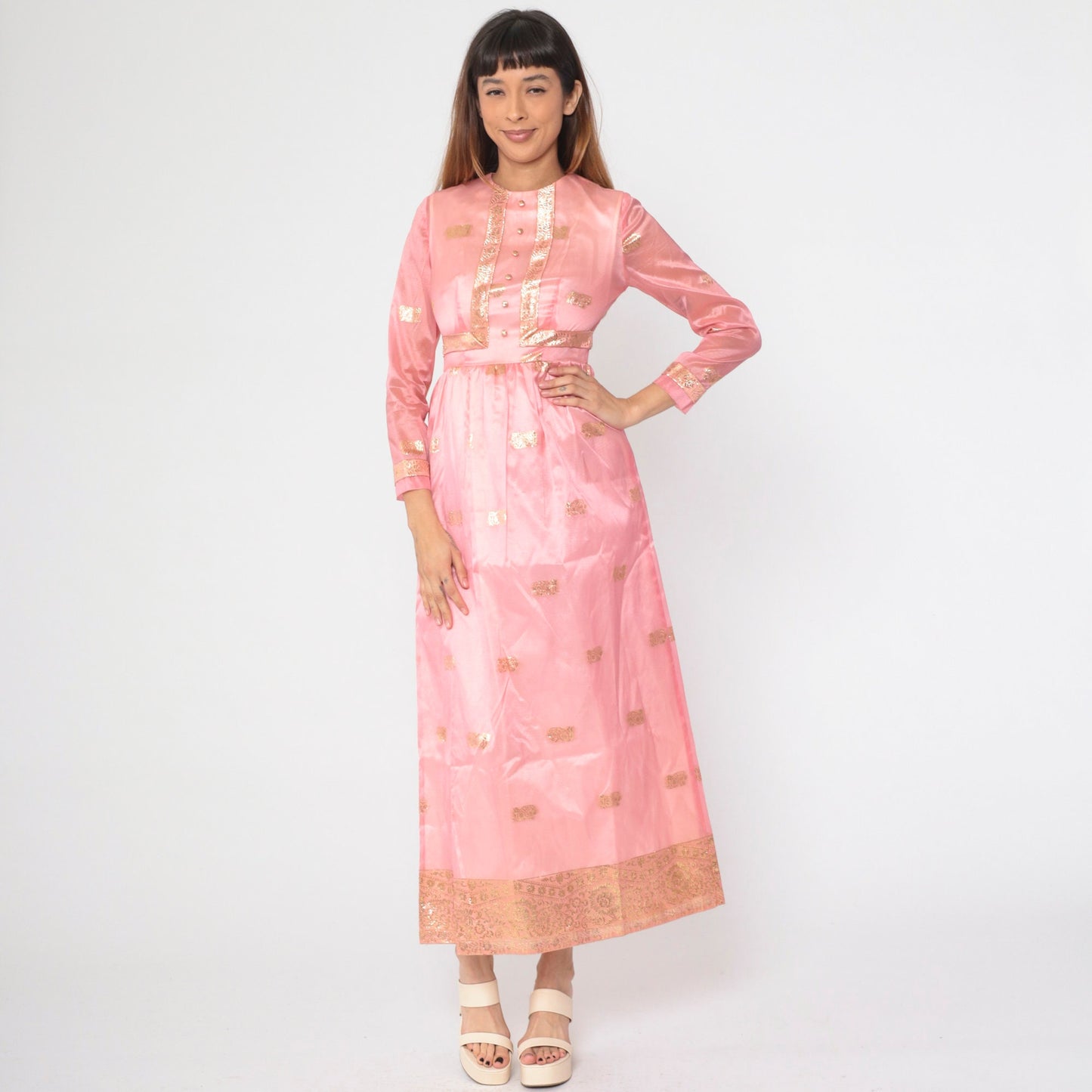 60s Pink Organza Maxi Dress Gold Embroidered Floral Paisley Long Sleeve Small