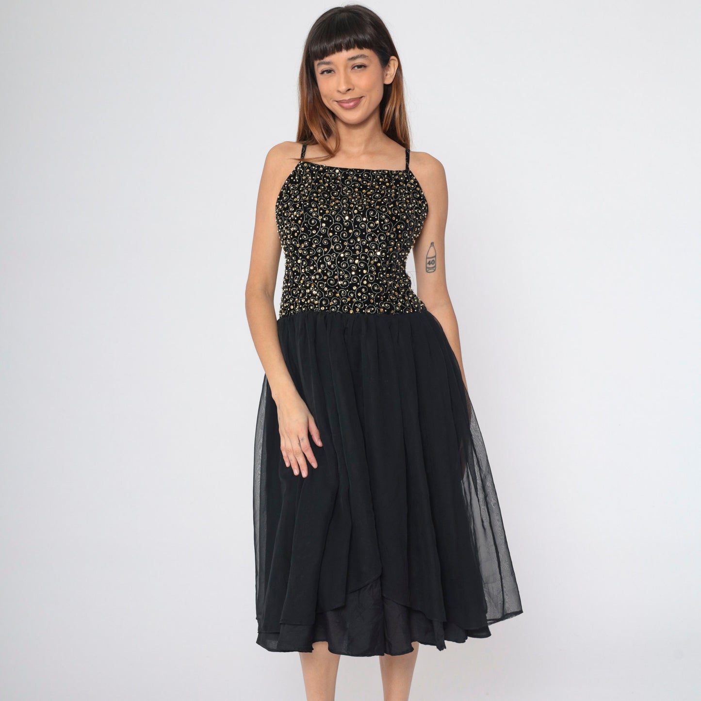 80s Black Velvet Beaded Chiffon Midi Dress Gold Sequins Spaghetti Strap Small