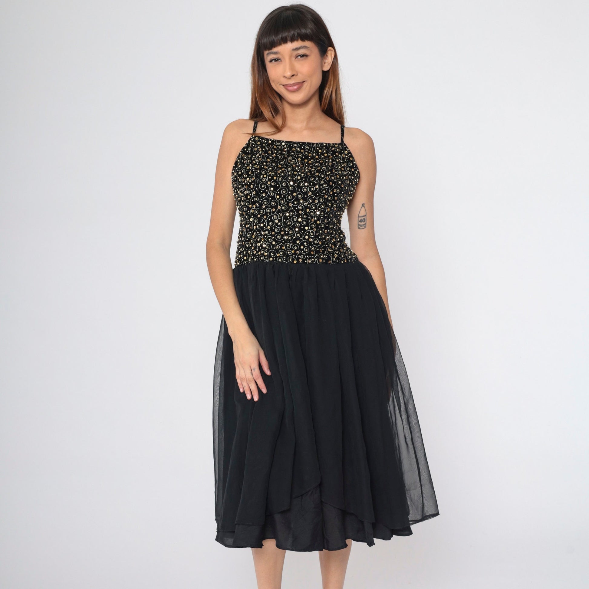 80s Black Velvet Beaded Chiffon Midi Dress Gold Sequins Spaghetti Strap Small