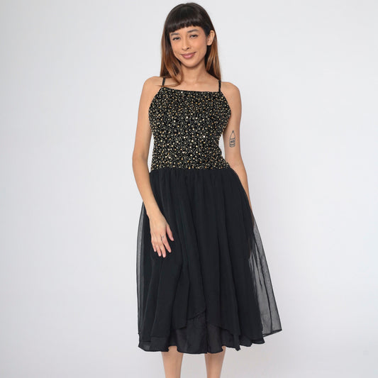 80s Black Velvet Beaded Chiffon Midi Dress Gold Sequins Spaghetti Strap Small