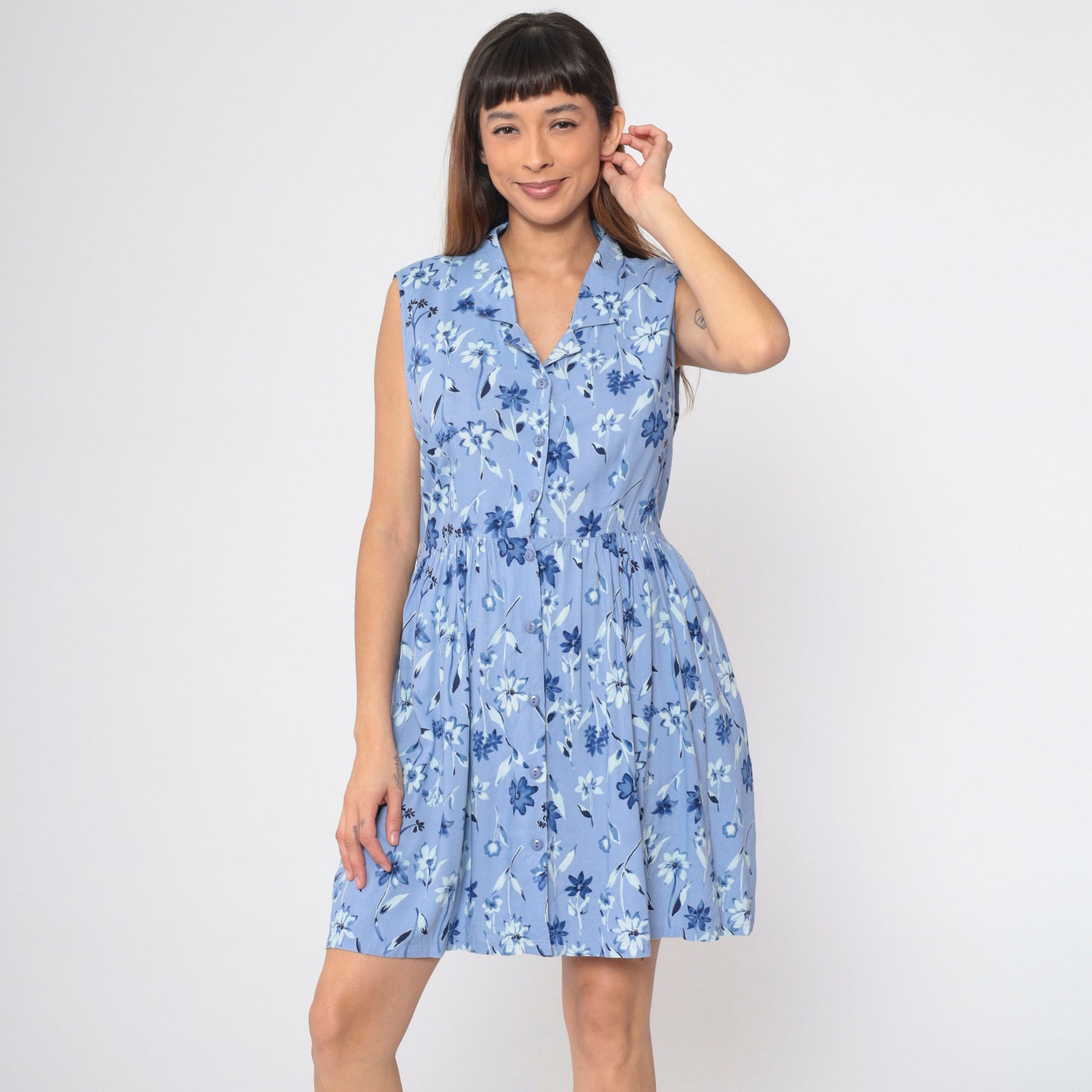 90s Blue Floral Button-Up Mini Dress Sleeveless Collared A-Line Large L