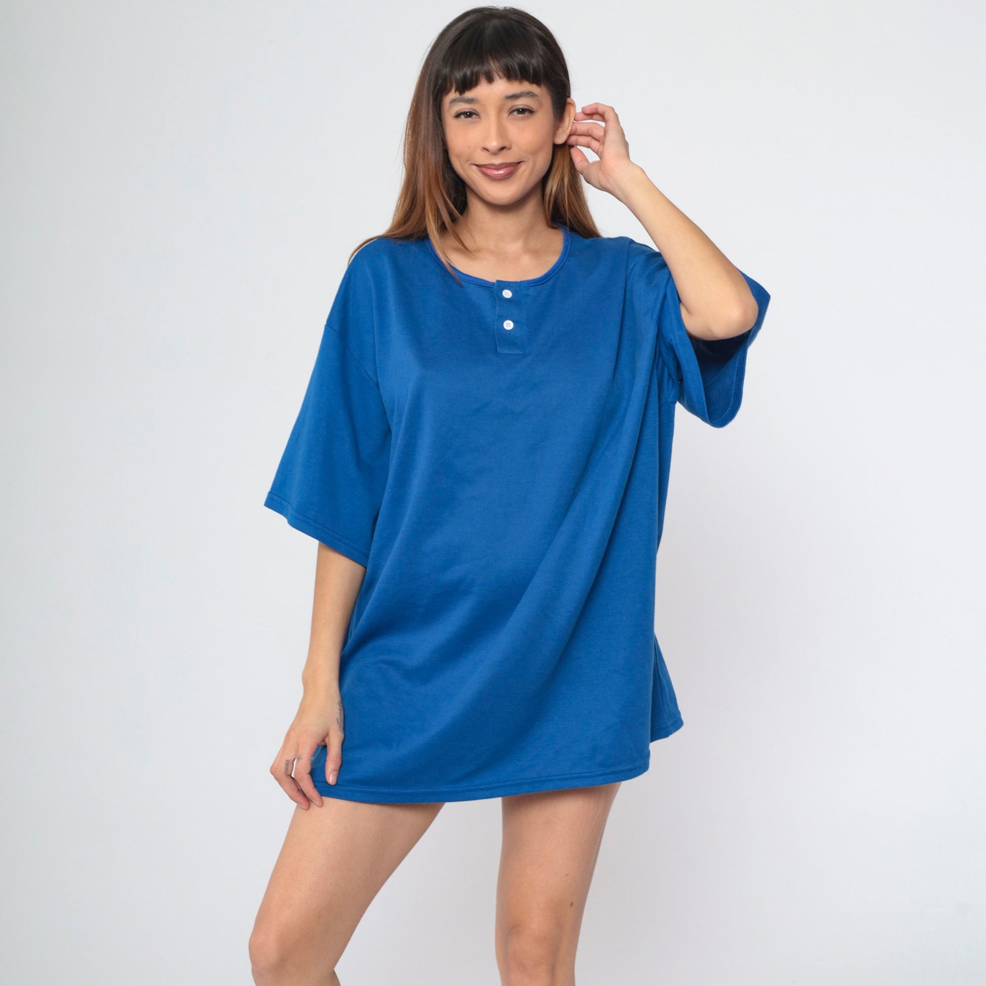 90s Royal Blue Henley T-Shirt Plus Size XXL Vintage Button Neck Tee
