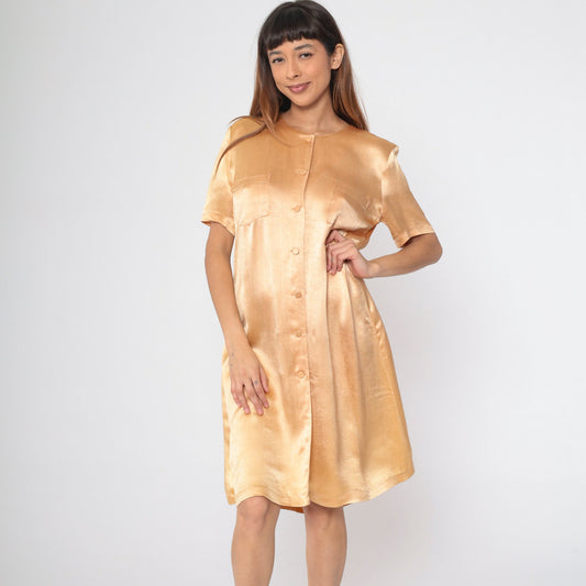 90s Wild Rose Apricot Shirtdress Knee-Length Button-Up Shift Dress Small