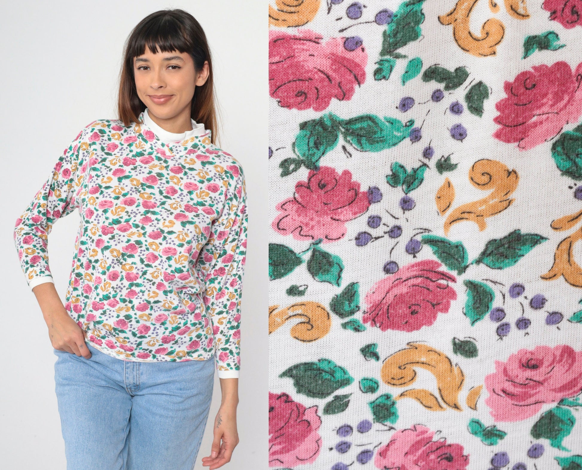 90s Floral Mock Neck Shirt White Pink Rose Print Long Sleeve Blouse Medium