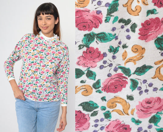 90s Floral Mock Neck Shirt White Pink Rose Print Long Sleeve Blouse Medium