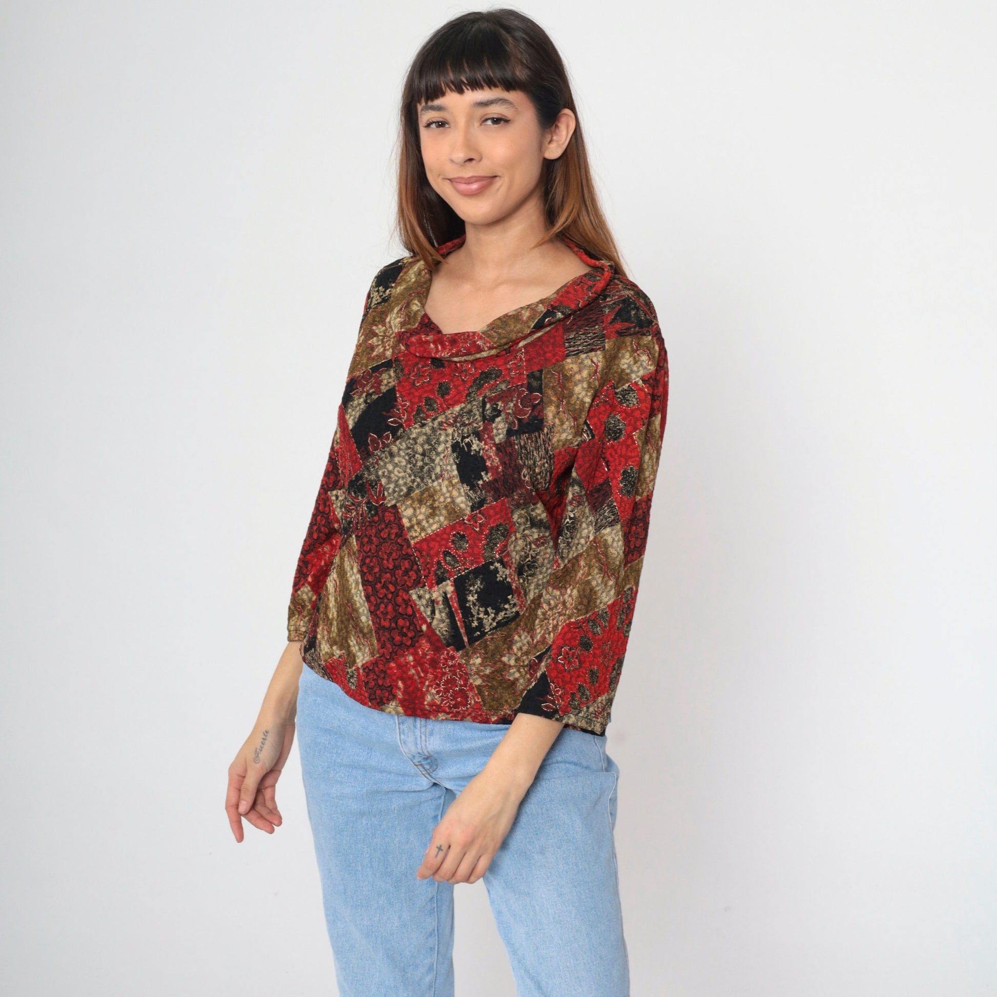 Y2K Carducci Patchwork Floral Cowl Neck Blouse Metallic Long Sleeve Extra Large XXL
