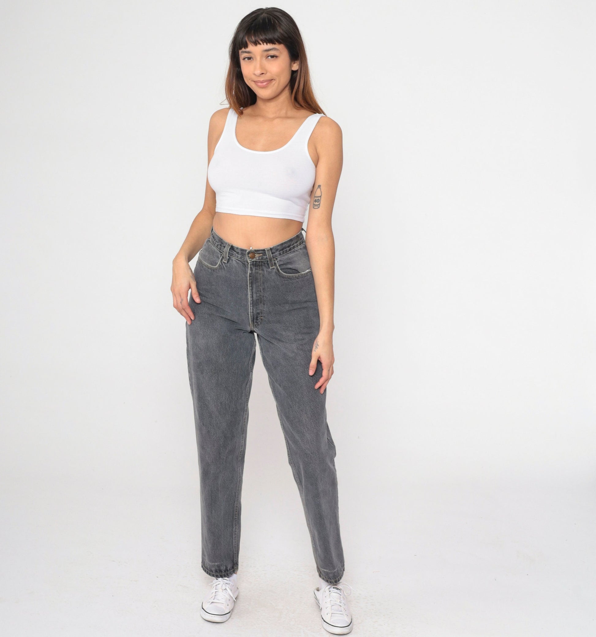 90s Basic Editions Grey Mom Jeans High Waist Tapered Denim Small 28
