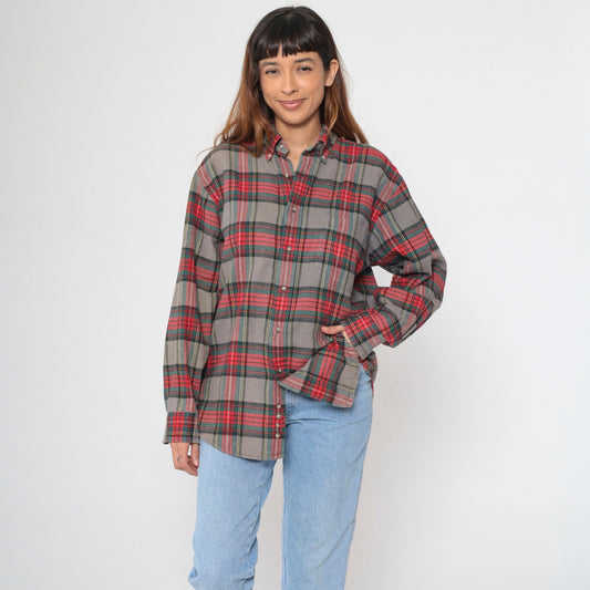 90s Lands End Plaid Flannel Shirt Grey Red Green Button Up Medium