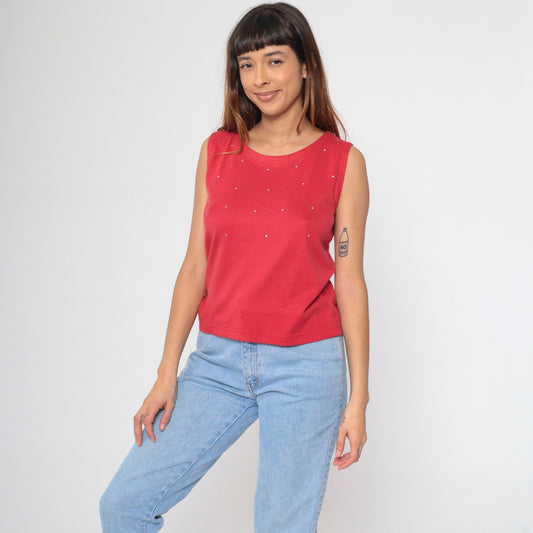90s Red Rhinestone Tank Top Round Neck Embellished Sleeveless Small Petite