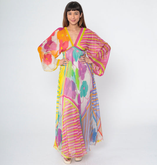 70s La Vetta Beverly Hills Floral Maxi Dress Deep V Empire Waist Kimono Sleeve Small