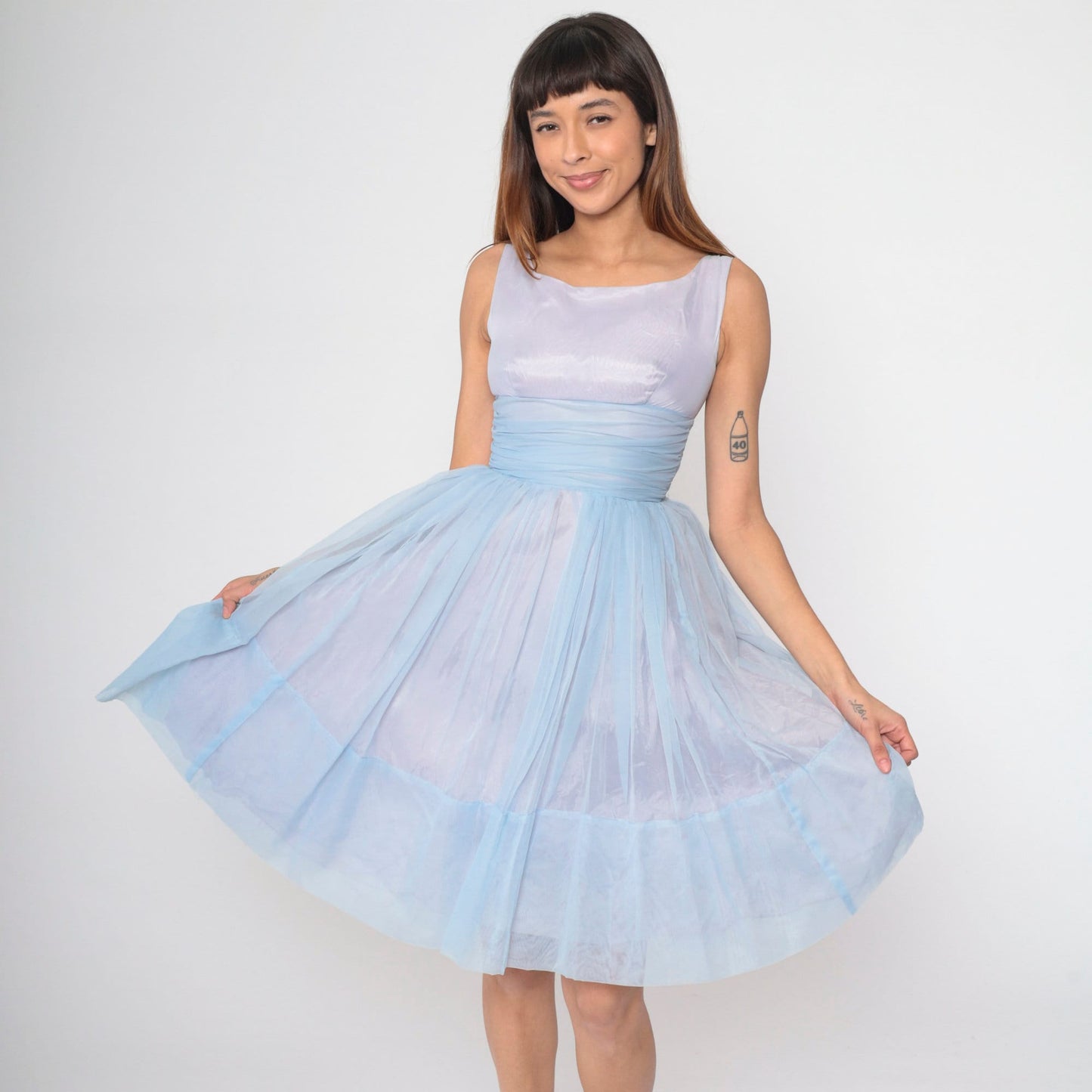 1960s Light Blue Chiffon Empire Waist Dress Knee Length Sleeveless XS