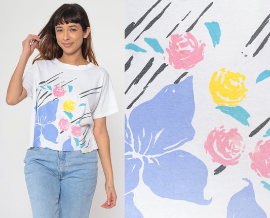 90s Floral Graphic T-Shirt White Rose Print Cutoff Tee Large L