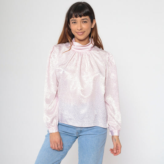 80s Grand Design Baby Pink Embossed Snakeskin Turtleneck Puff Sleeve Blouse Large