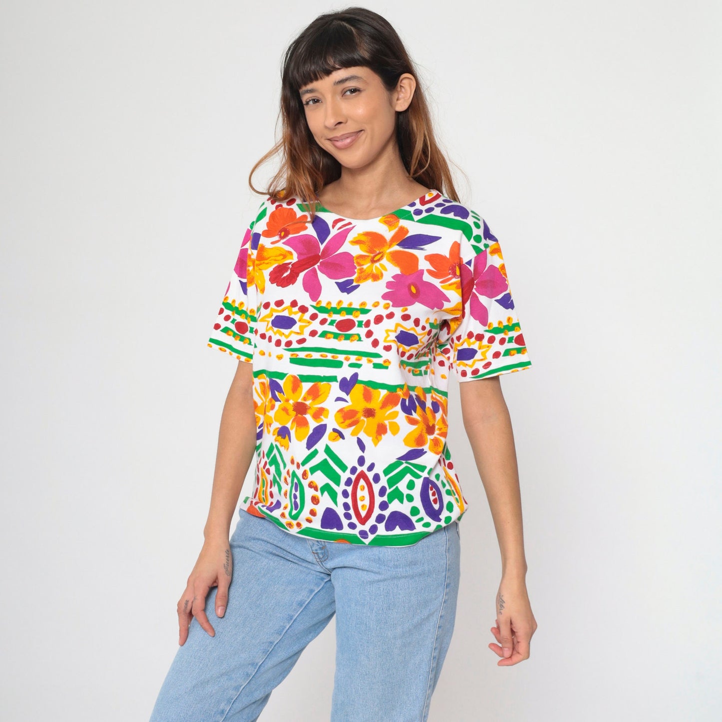 90s Tropical Floral Striped T-Shirt White Pink Orange Botanical Print Large L