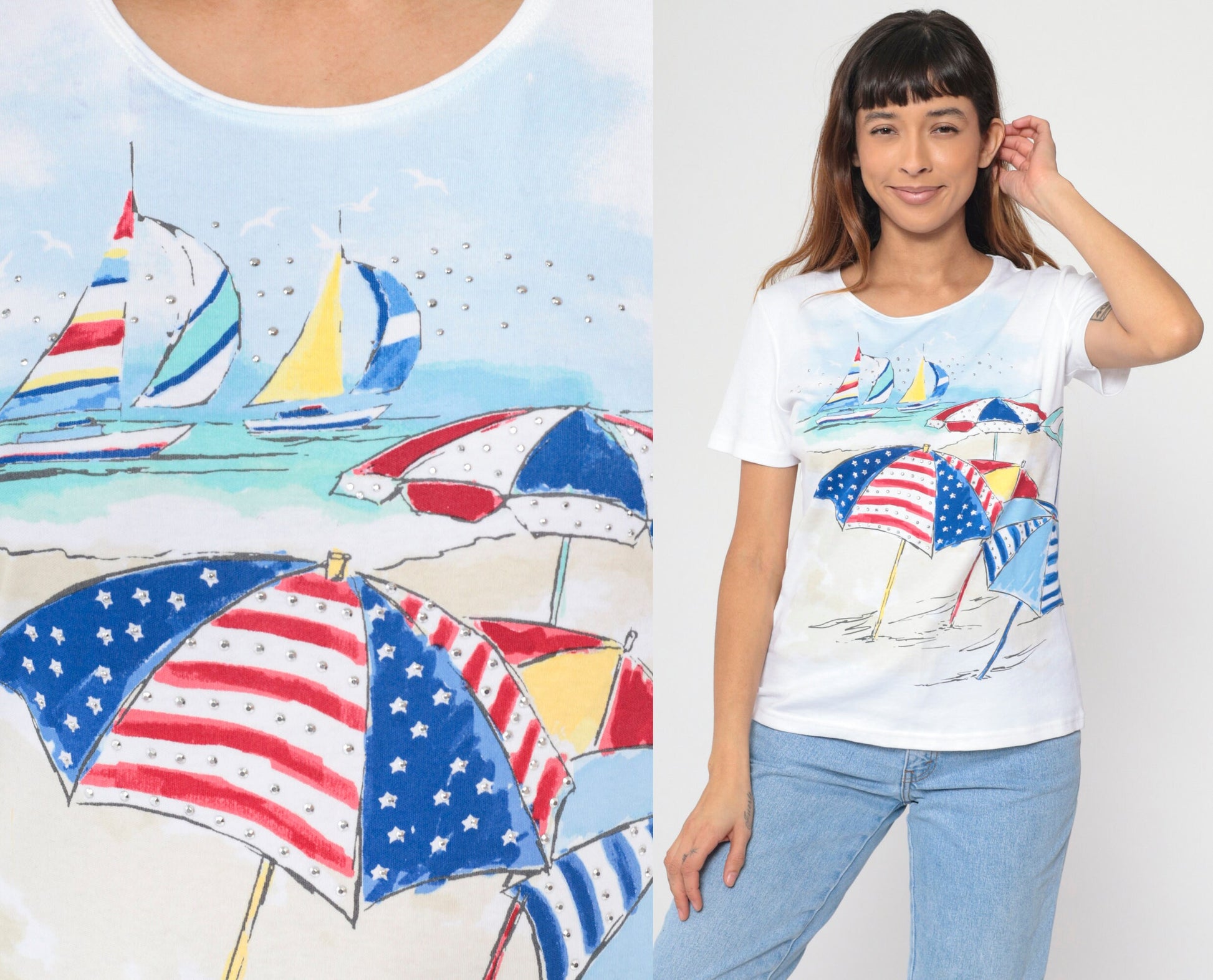 90s Studded Sailboat Beach Umbrella Graphic Tee White Medium