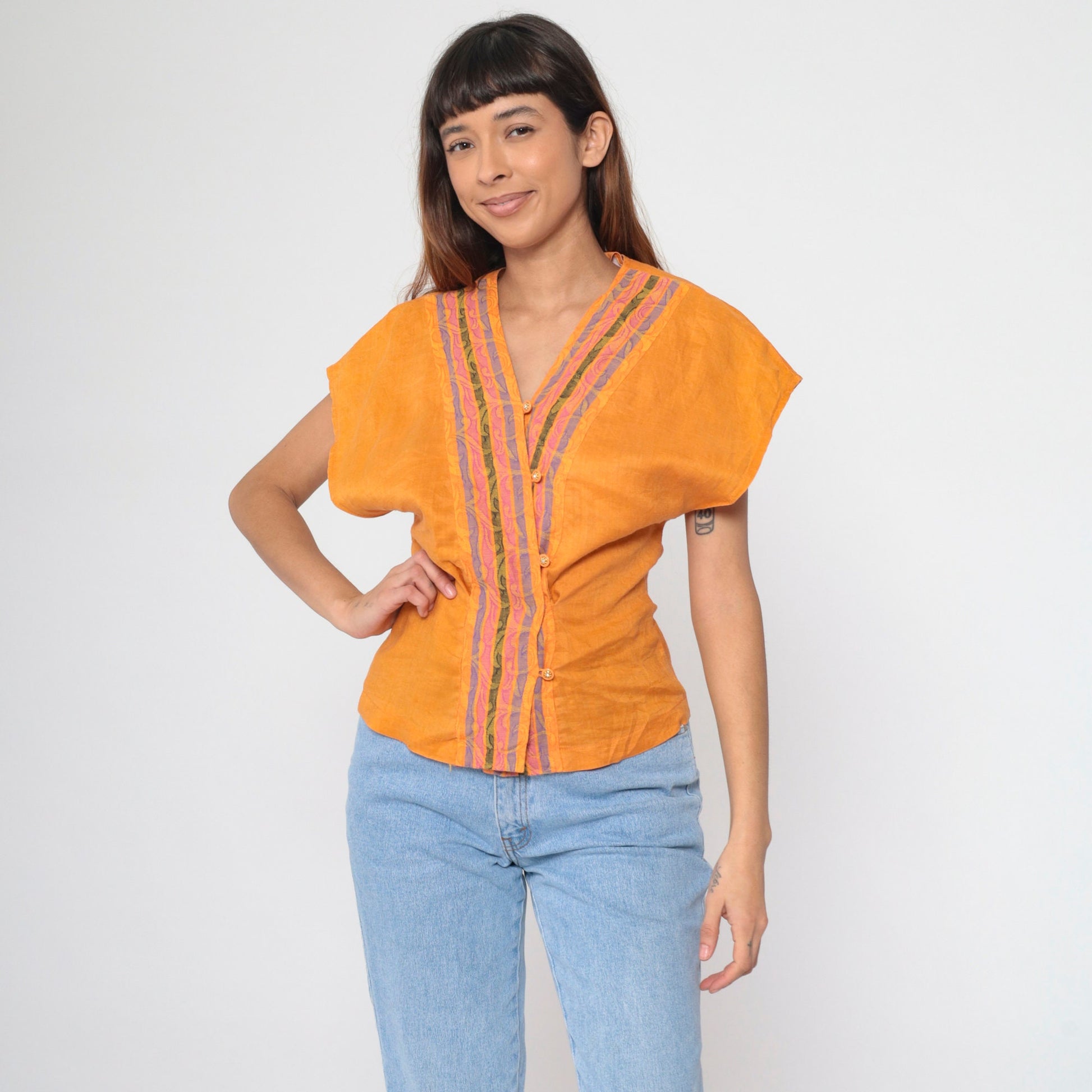 00s Orange Rococo Striped Button-Up Blouse Rhinestone Dolman Sleeve V-Neck Extra Small