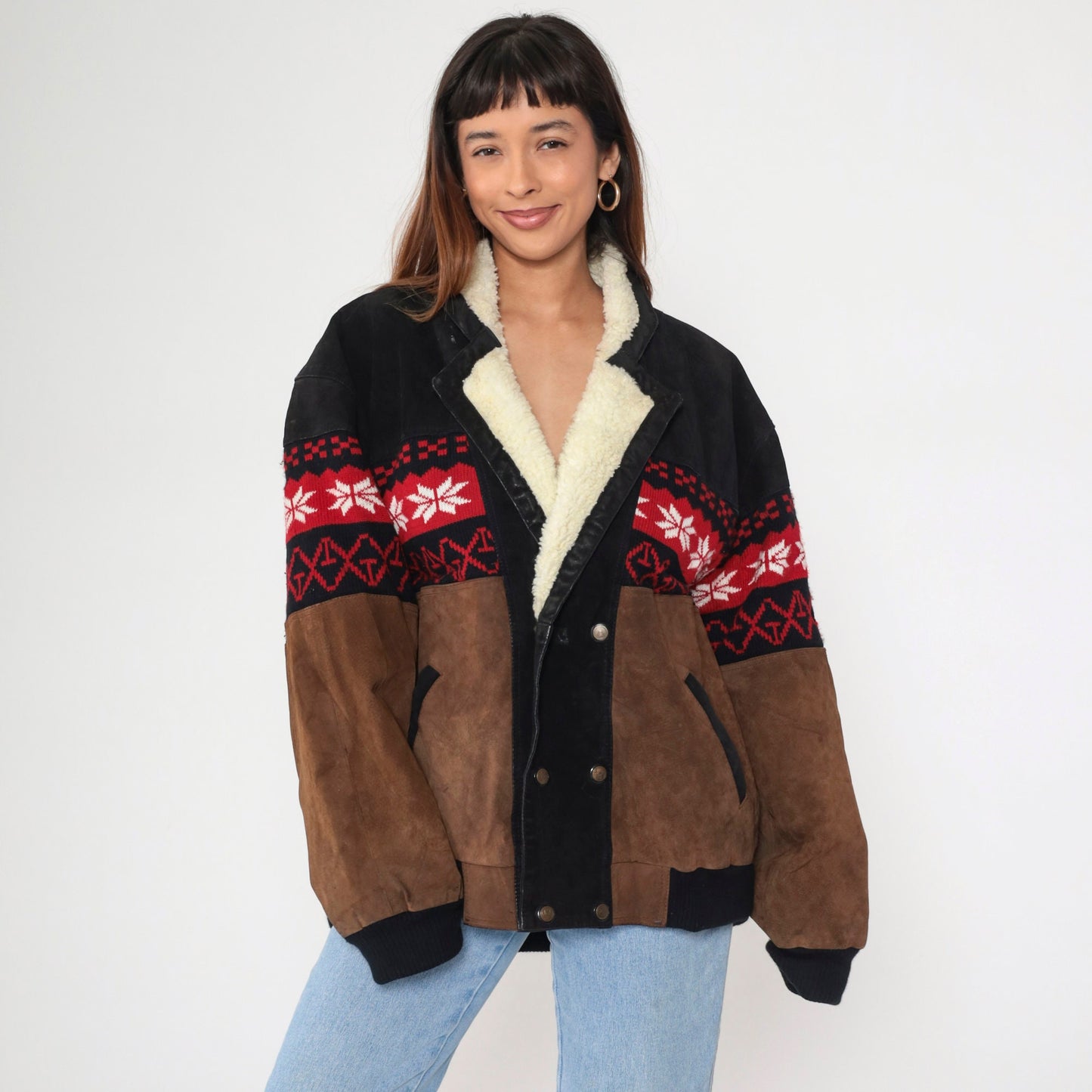 90s Sun & Moon Black Brown Suede Leather Jacket Nordic Snowflake Sherpa Trim Large