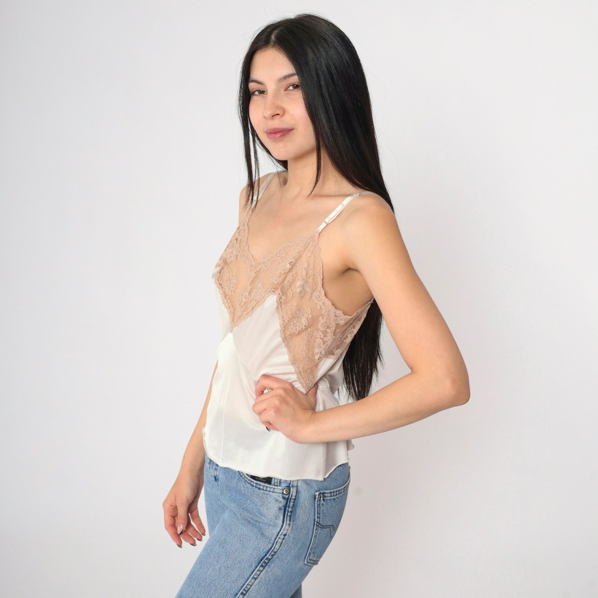80s Beige Nylon Lace Cami Top Floral Sheer V-Neck Spaghetti Straps Medium