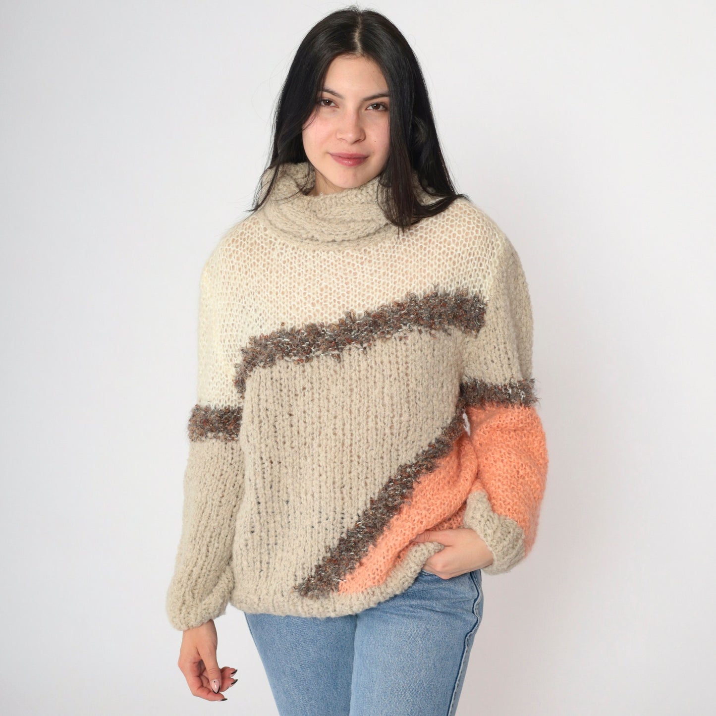 80s Color Block Turtleneck Sweater Beige Openwork Knit Geometric Pullover Small