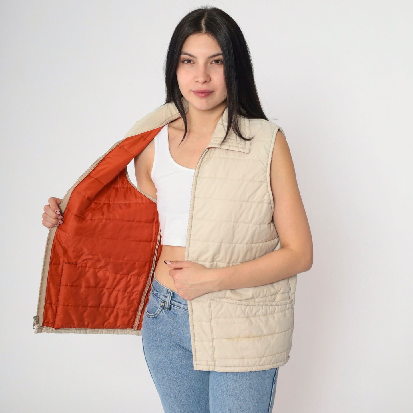 80s Beige Puffer Vest Zip-Up Sleeveless Jacket Rust Lining Medium