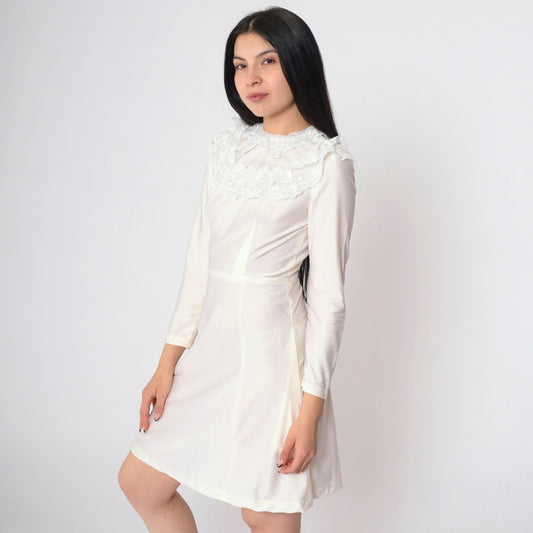 70s White Lace Dress Ruffled Collar Long Sleeve High Waist Mini Extra Small